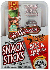 image of Old Wisconsin Snack Sticks Beef Sausage & Cheddar Cheese Twin Packs