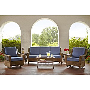 image of Hampton Bay Spring Haven Brown All-weather Wicker Patio Swivel Rocking Chair With Sky Blue Cushions