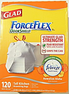 image of Glad Forceflex Tall Kitchen 13 Gallon Trash Bag With Odor Shield, Hawaiian Aloha Scent (120 CT)